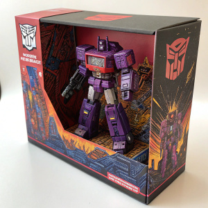 Transformers Fall of Cybertron Shockwave toy box. Vibrant colors, detailed info, warning label.