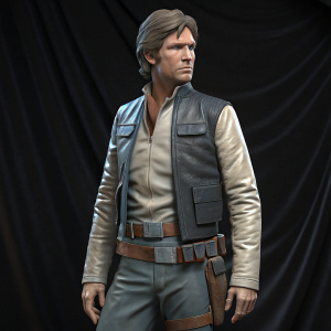 3D model of Han Solo from Star Wars. Neutral pose. Detailed outfit including jacket, belt, and belt pouches. Rendered against a black backdrop.