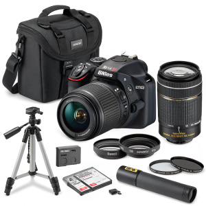 The Nikon D3400 Camera Bundle Contains: AF-P DX NIKKOR 18-55mm f/3.5-5.6G VR Lens, AF-P DX NIKKOR 70-300mm f/4.5-6.3G ED Lens, 64GB Memory Card, Tripod, Cleaning Kit, and Other Nikon Accessories.