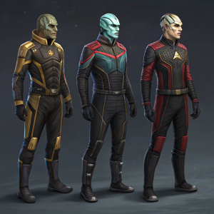 Concept art for Star Trek Online, featuring unique Iconian characters with futuristic designs. Varied colors and textures against a dark grey background, standing pose with intricate details
