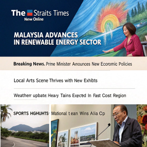 Homepage layout for The New Straits Times Online. At the top, a large banner showcasing the day's main headline - 'Malaysia Advances in Renewable Energy Sector'. Below, multiple articles and images with snippets: 

1. 'Breaking News: Prime Minister Announces New Economic Policies' with a photo of the Prime Minister speaking at a press conference.
2. 'Local Arts Scene Thrives with New Exhibits' featuring a vibrant image of an art exhibition.
3. 'Weather Update: Heavy Rains Expected in East Coast Region' illustrated with a graphic weather forecast.
4. 'Sports Highlights: National Team Wins Asia Cup' with a video clip of the final match.

The page is designed with a mix of text and visual elements, ensuring an engaging user experience.