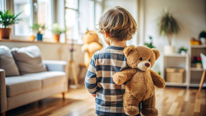 POV, a kid holding teddy bear in arms, at home