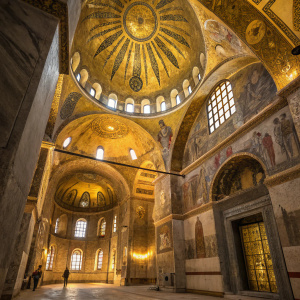 Low-angle photograph of Chora Church in Istanbul. Intricate Byzantine mosaics and frescoes adorn the domed ceiling and walls. Warm, golden-yellow hues. Open doorway visible.