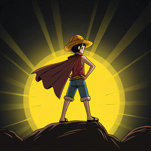 Monkey D. Luffy in a heroic stance. Bright yellow light behind him. Dark background