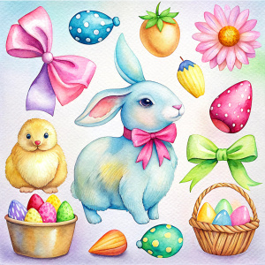 Sticker Easter set - labels, ribbons and other elements. Vector illustration.