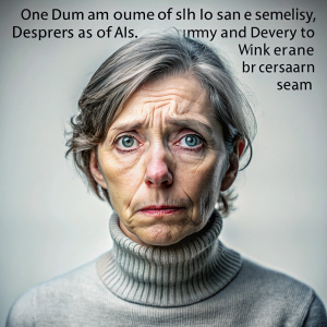 eine zutiefst verzweifelte 50 jährige deutsche frau, mit einem allerweltsgesicht und rollkragenpulli  dem gerade klar wird das es eventuell an ihm liegt, dass er im leben nicht vorran kommt und ihn niemand versteht, er kann sich nur nicht erklären, wie er sich verhalten soll, damit sich das ändert, weil er sowieso schon jedem nach dem mund redet und garkeine eigenen ansprüche mehr hat. dargestellt als ultra hochauflösendes 8k Photot