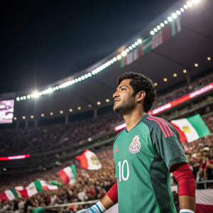Carlos Vela, in a Chivas Guadalajara jersey, number 10, with gloves. Poses at a packed stadium. Bright lights illuminate the scene. Fans in the background waving Mexican flags.