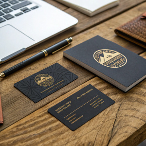 Antoline Bento's Garra Trekking business cards. Unique logo design, gold accents. Laid out on a rustic wooden desk.