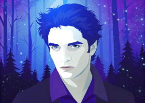 Edward Cullen's close up with dark forest on the background and sparkles around him
