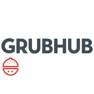 Logo design for GrubHub featuring a sans-serif font and a friendly emblem. Clean white background with dark gray text and logo for modern, approachable look.