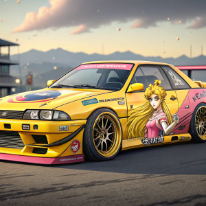 Digital art of a custom Nissan Skyline R32. Anime-style design, featuring Sailor Moon theme. Bright colors, sponsor logos, detailed Sailor Moon graphics