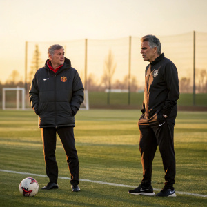 Sir Alex Ferguson and Carlos Queiroz standing on a sunlit football pitch during a training session. They wear coaching attire and serious expressions.