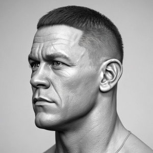 A detailed 3D render of John Cena. His face and neck in stark black and white, highlighting every contour and detail of his closely cropped hair and defined jawline. Set against a plain background.