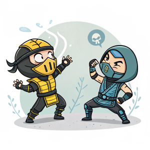 Chibi-style cartoon depiction of Mortal Kombat characters. Limited color palette. Warrior characters engaging in playful and combat scenarios.