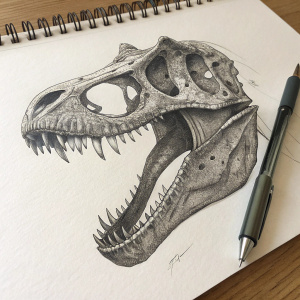 Realistic charcoal drawing of a Carcharodontosaurus skull. Showing detailed jaw and teeth. Pen visible on right side of paper.
