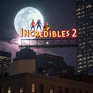The promotional banner for 'Incredibles 2' lit by a glowing moon at night. Dark cityscape background