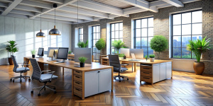 3D render interior design Office Room . Office desks with office chairs. Concept of working place. 3d rendering