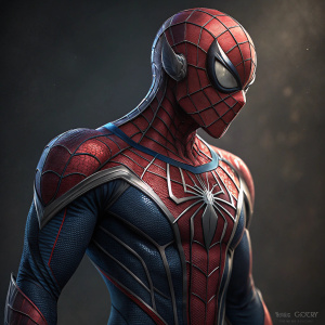 A detailed 3D render of Spider-Man. Dark, sleek design with red and blue color scheme. Created by Ivan Cortez. No background