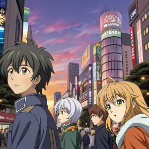 Anime scene featuring diverse characters from Shirogane no Ishi: Argevollen. Array of ages, hairstyles, expressions, and vibrant color palette. Set against a bustling city backdrop.