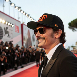 James Franco at the Venice Film Festival, wearing a black cap with the SF logo, sunglasses, and sporting a mustache. Festive atmosphere with red carpet and flashing cameras.