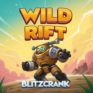 A digital poster for Wild Rift mode featuring Blitzcrank. Bright and colorful, cartoonish style, with game name and key features clearly displayed.