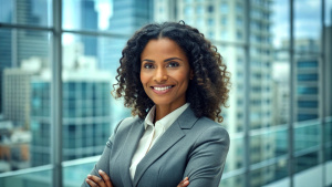 portrait of successful brown  businesswomen consultant looking at camera and smiling inside modern office building