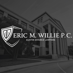 A sleek logo design for Eric M. Willie P.C., a divorce lawyer firm. Features a shield icon and text 'Austin Divorce Lawyers' in modern font. Dark background highlights professional tone.