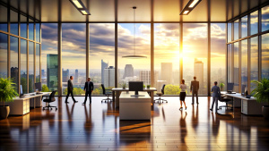 Blurred business office interior with panoramic windows and beautiful lighting with businesspeople