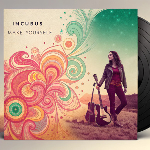 Album cover for Incubus's 'Make Yourself'. The left side features a bright, abstract design. Right side showcases a woman, guitars, and a blend of pink and green tones against a textured background. Title 'Make Yourself' and band name 'Incubus' prominently featured.