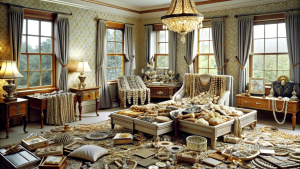 A room at home filled with money and jewelry