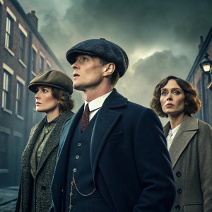 Promotional poster for Peaky Blinders Season 6. Main characters, Thomas Shelby, Ada Shelby, Tommy Shelby, Polly Gray, in Edwardian attire, set against the backdrop of dark, moody Birmingham streets. Dramatic architecture and a muted, dark color palette enhance the gritty, suspenseful atmosphere.