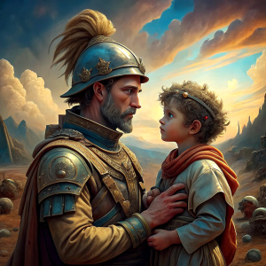 Ancient  soldier captures a young child .Realistic image.