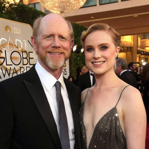 Ron Howard and Evan Rachel Wood at the Golden Globe Awards. Wearing formal attire, smiling for the camera.