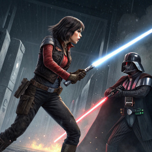 Poster for the new episode of Star Wars: Doctor Aphra. Doctor Aphra, with a fierce expression, standing opposite Darth Vader. Dark, gritty backdrop. Both characters in mid-action