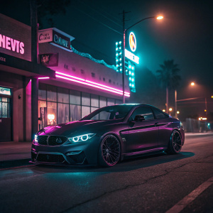 Dark colored BMW M4 parked on an empty street at night. Neon lights reflecting off its sleek body. Headlights emit a soft pink glow.