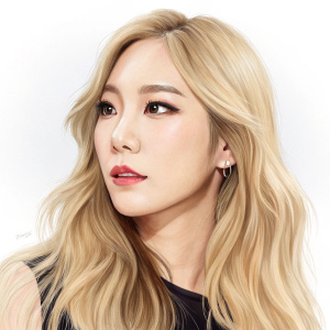 Digital portrait of Kim Taeyeon, fair skin, long blonde hair, feminine makeup. Artistic illustration style, focus on face and features, plain background.