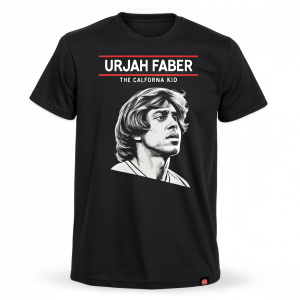 Urijah Faber fan art t-shirt featuring 'The California Kid' in bold lettering. Black shirt with white UFC logo and fight date.
