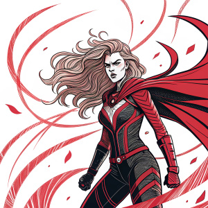 Illustration of a fierce female superhero. Long hair, bold stance. Surrounded by dynamic, swirling red lines and shapes. Comic book style