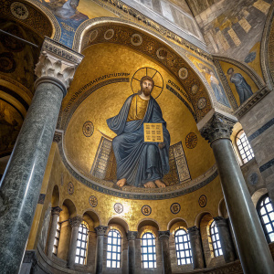 Intricate mosaic of Christ Pantocrator, surrounded by saints and figures, inside Hagia Sophia, Istanbul.