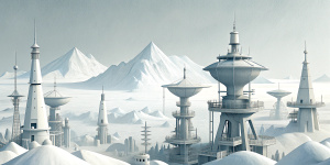 White illustration, Wes Anderson aesthetics style, 
surreal collage of many complex metal steely architectures with lighthouse, the bigest ocean and more huge sky, gain paper