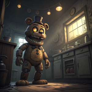 Digitally rendered illustration of Freddy Fazbear from Five Nights at Freddy's. Standing in a creepy, dimly lit kitchen. Bright yellow eyes, wide grin.