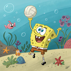 SpongeBob SquarePants, flexing his muscles, holding a volleyball in Bikini Bottom. Bright and colorful cartoon setting with sea creatures in the background.