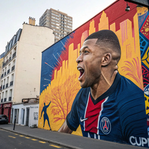 Kylian Mbappé, energetic pose, on vibrant street art mural. Cityscape background.
