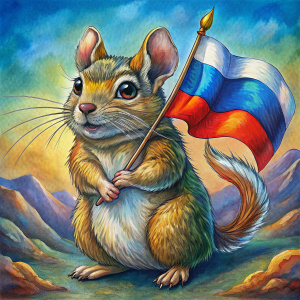 The degu holds the Russian flag in its paws