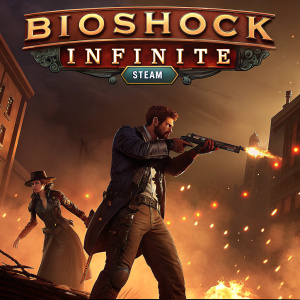 Homepage for BioShock Infinite on Steam. Dark, atmospheric background. Main banner showcasing intense combat scene with eagle-eyed Booker DeWitt and zeppelin mechanic Songbird. Sidebar highlights key features, release date, and customer reviews. Warm, sepia-toned aesthetic.