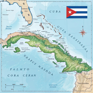 Highly detailed map illustration of Cuba, highlighting geographical features and political divisions. Cuban flag prominently displayed.