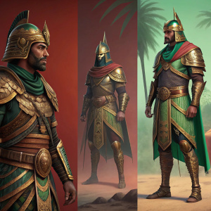 Digital concept art depicting an Egyptian warrior in intricate detail. Warrior clad in ornate gold, brown, and emerald green armor. Poses varied, central figure on right standing proud. Background a blend of crimson and lush green tones, showcasing artist's mastery of digital medium.