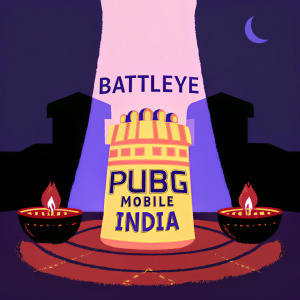 Promotional poster for PUBG Mobile India launch. Dark ambiance, Diya illumination, BattlEye logo, upcoming release date