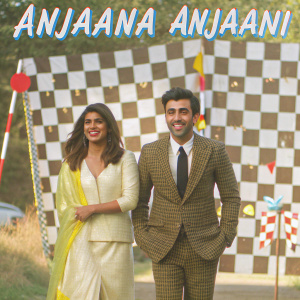 Promotional image for 'Anjaana Anjaani'. Ranbir Kapoor and Priyanka Chopra smiling, wearing formal attire. Checkered backdrop with film logos. Festive event atmosphere.