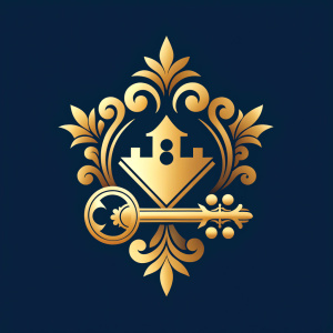 Flat ornamental logo related to building houses, use of key symbol, crown, English style, fleur-de-lis style, in one color, (((flat style))))